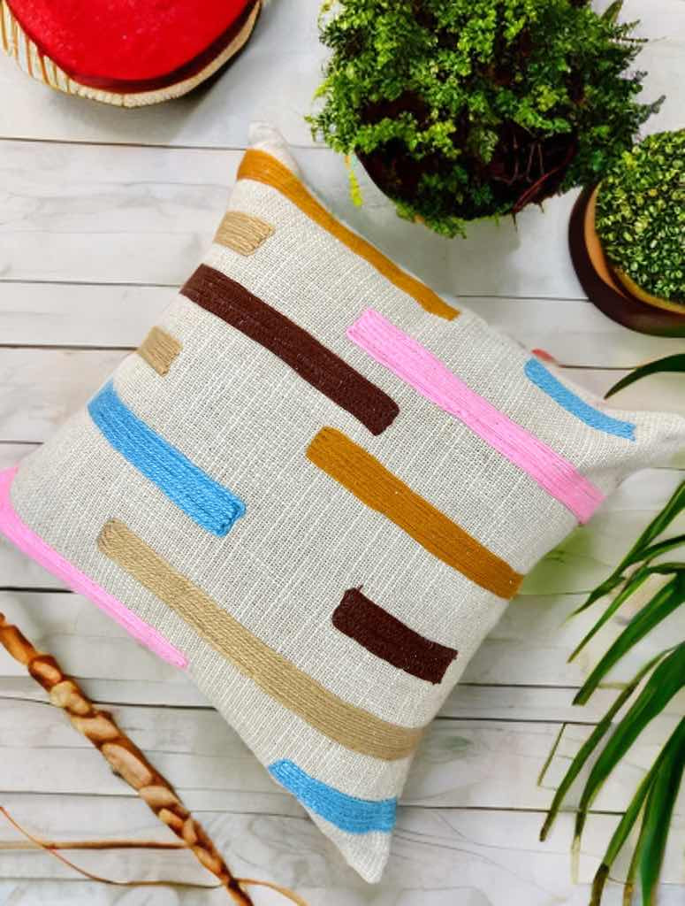Embroidered Cushion Cover | Slub Cotton, Thread Work (16"x16")