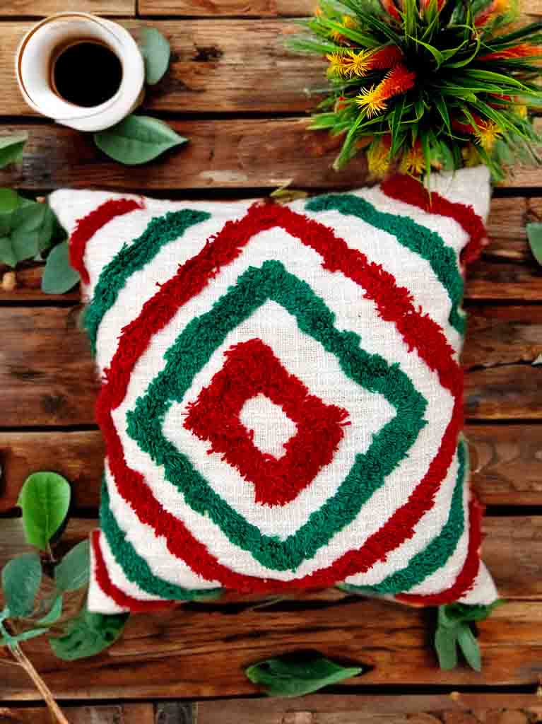 Multicolor Tufted Cushion Cover | 16x16" | Slub Cotton with Tassels