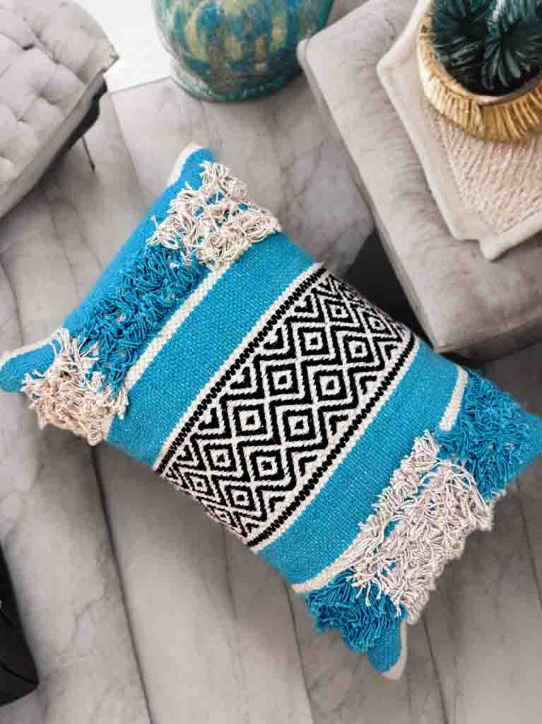 Bohemian Cushion Cover – Blue, Tassels, Dari Fabric, 12x18"