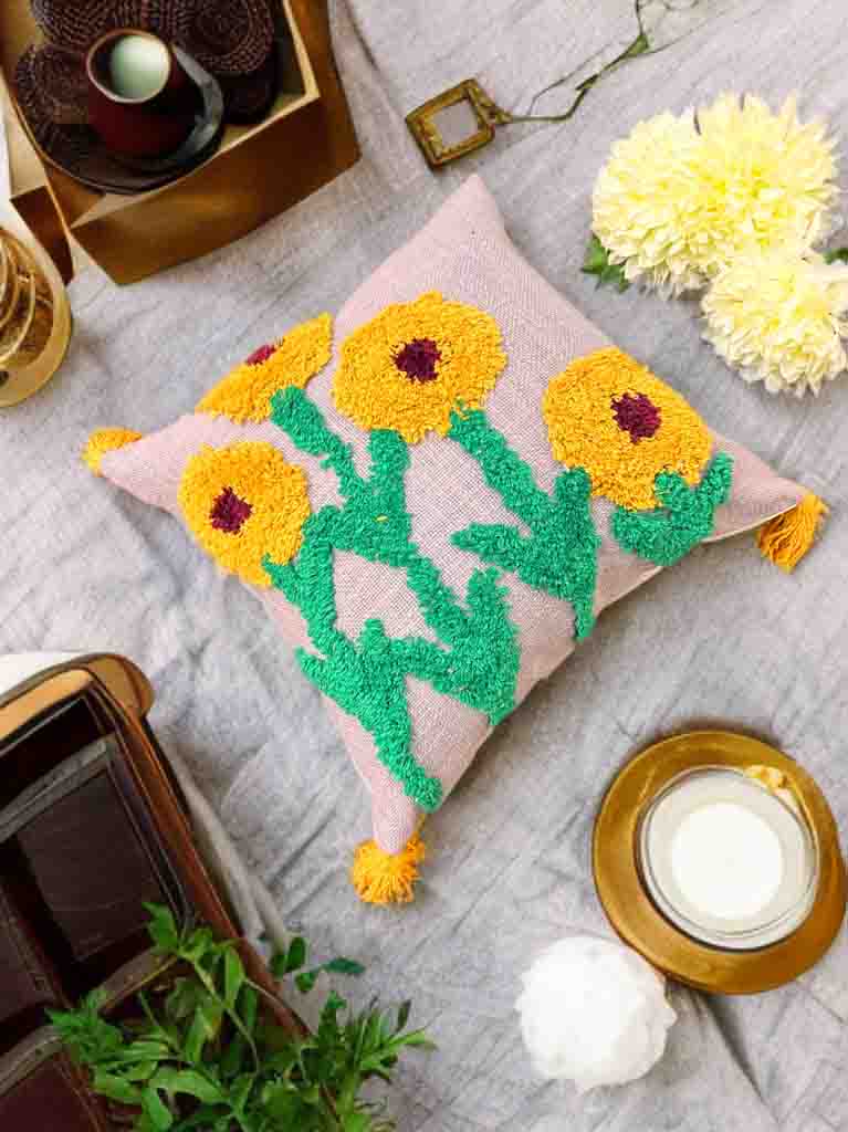 Sunflower Tufted Cushion Cover | Grey & Yellow, Slub Cotton, 16x16"