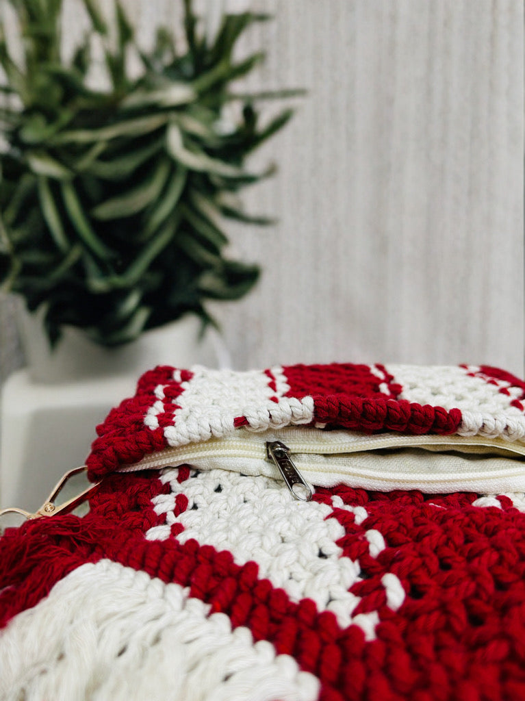 Compact Macramé Sling Bag – Red, Beaded, Handmade