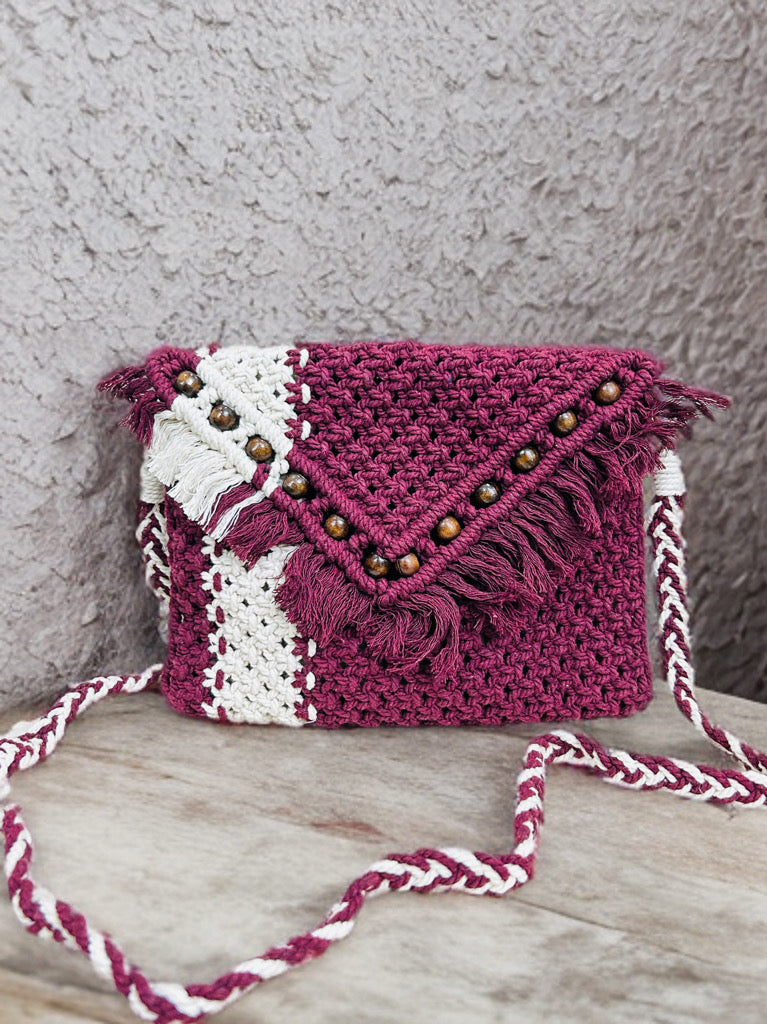 Boho Chic Macramé Sling Bag – Maroon with Beads & Flap