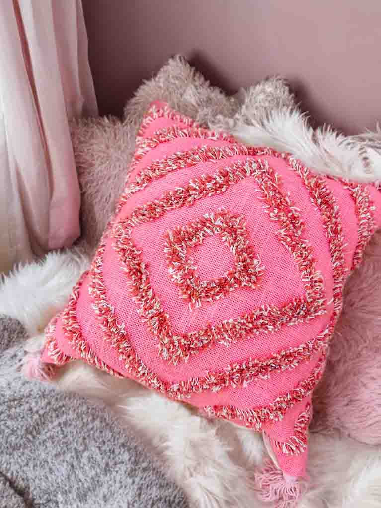 Pink Tufted Cushion Cover | 16x16" | Slub Cotton with Tassels