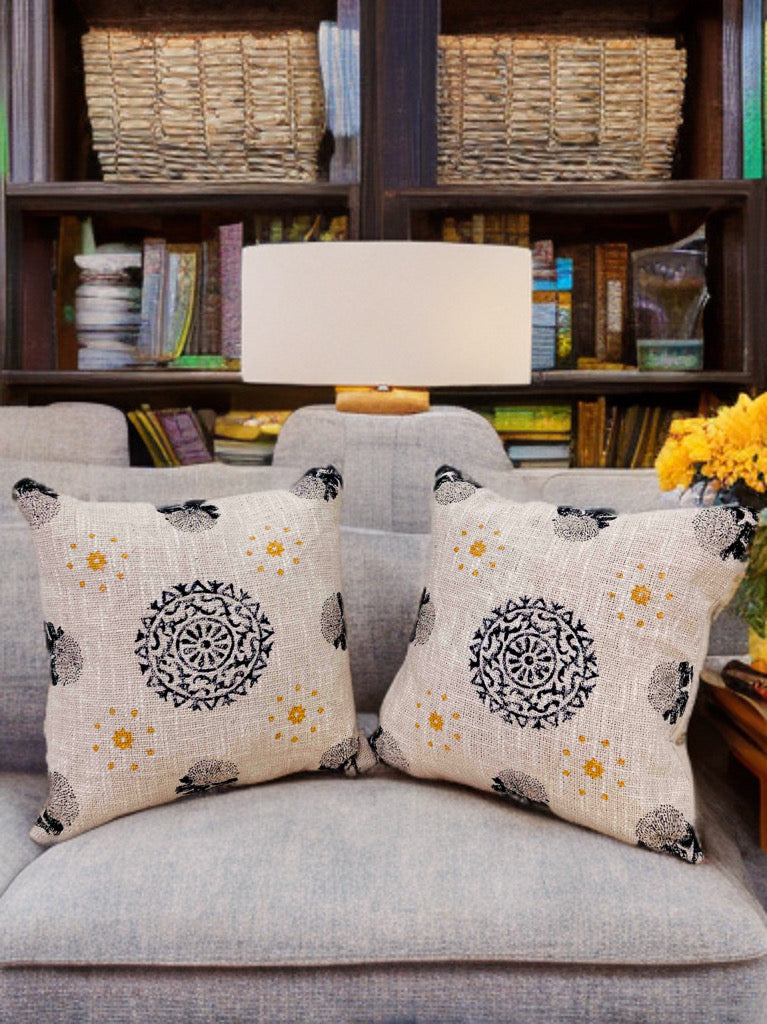 Block Printed Cushion Cover | Beige Cotton Fabric | 16x16 Inches