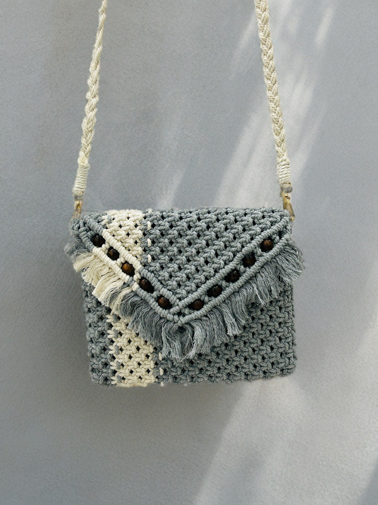 Trendy Grey Macramé Purse – Boho Beaded Sling Bag