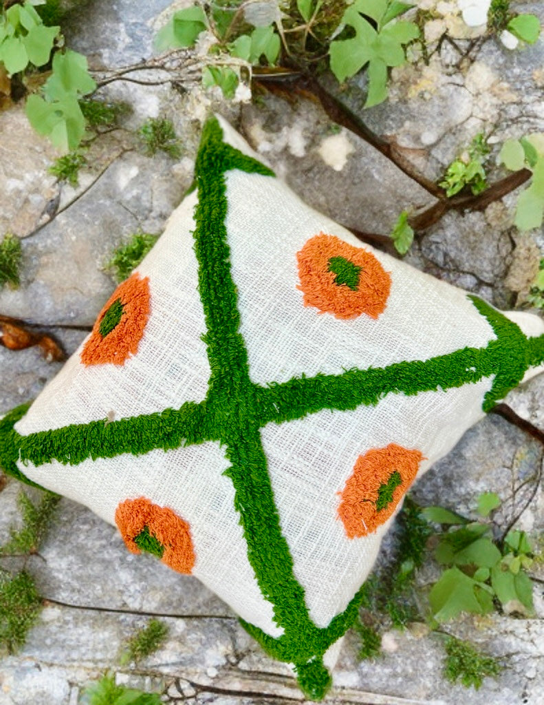 Orange Tufted Cushion Cover | 16"x16" | Slub Cotton with Tassel