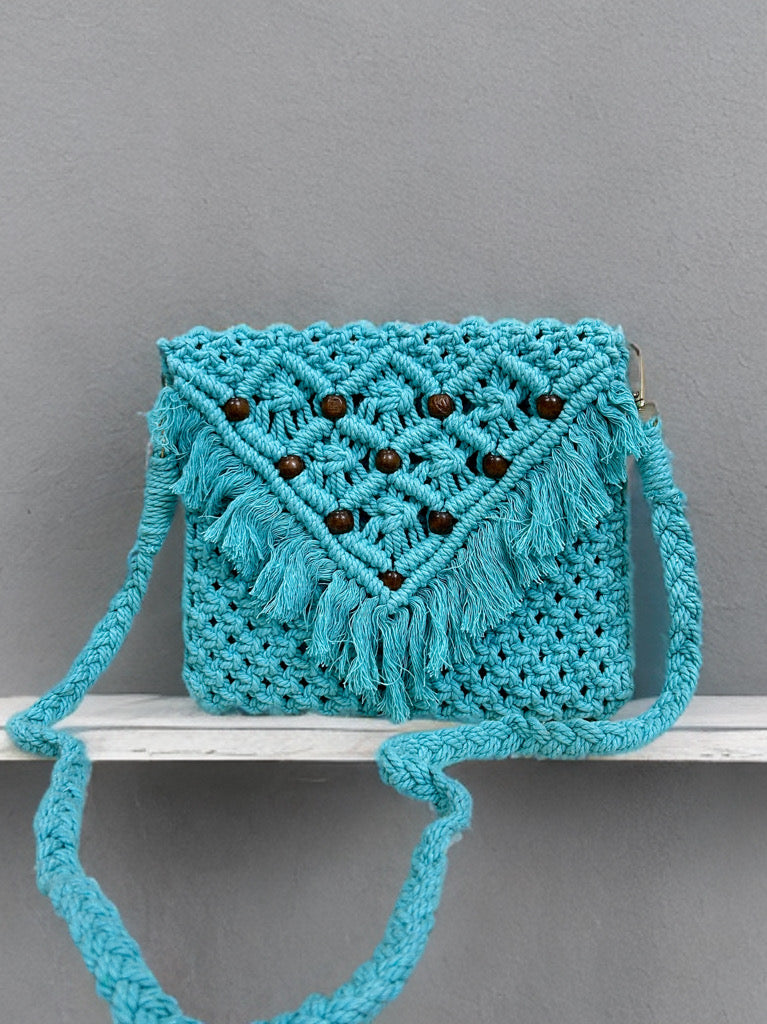 Handmade Macramé Sling Bag with Flap & Beads
