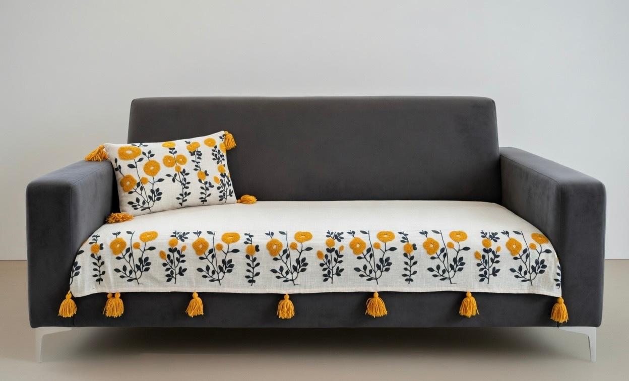 Embroidered Yellow Floral Sofa Runner