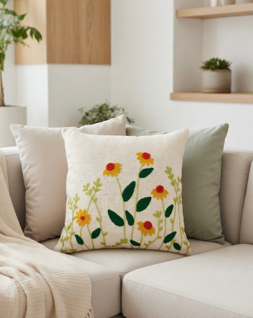 Floral Embroidered Cushion Cover | Slub Cotton, 16x16 Inches