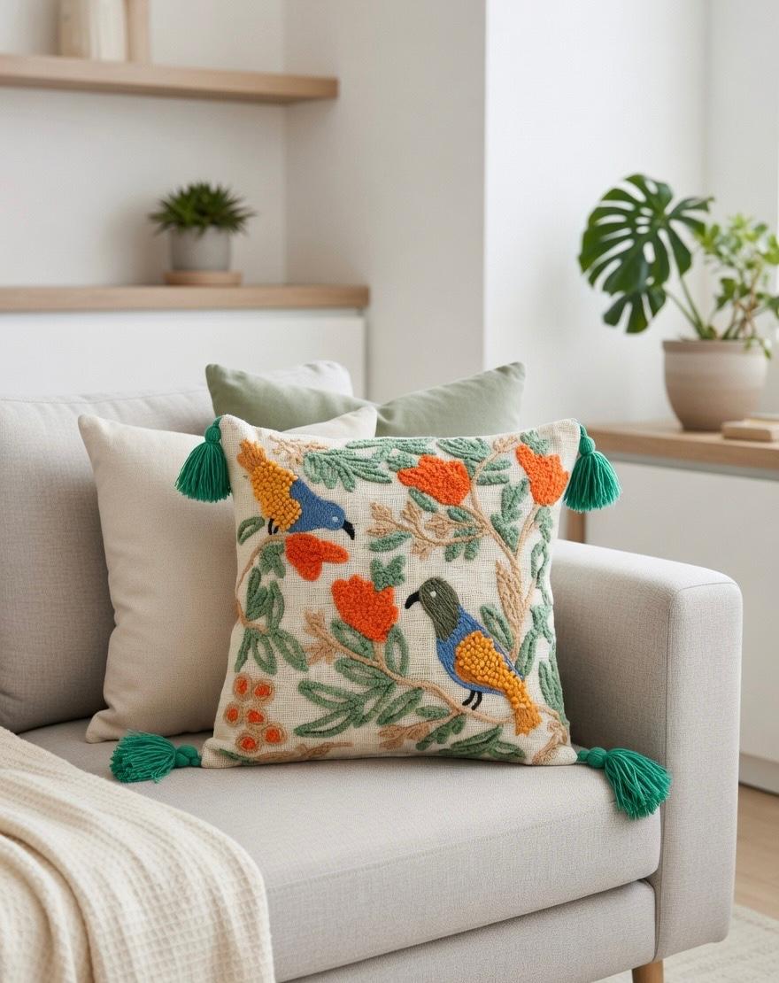 Bird Embroidered Cushion Cover | Slub Cotton, 16x16 Inches