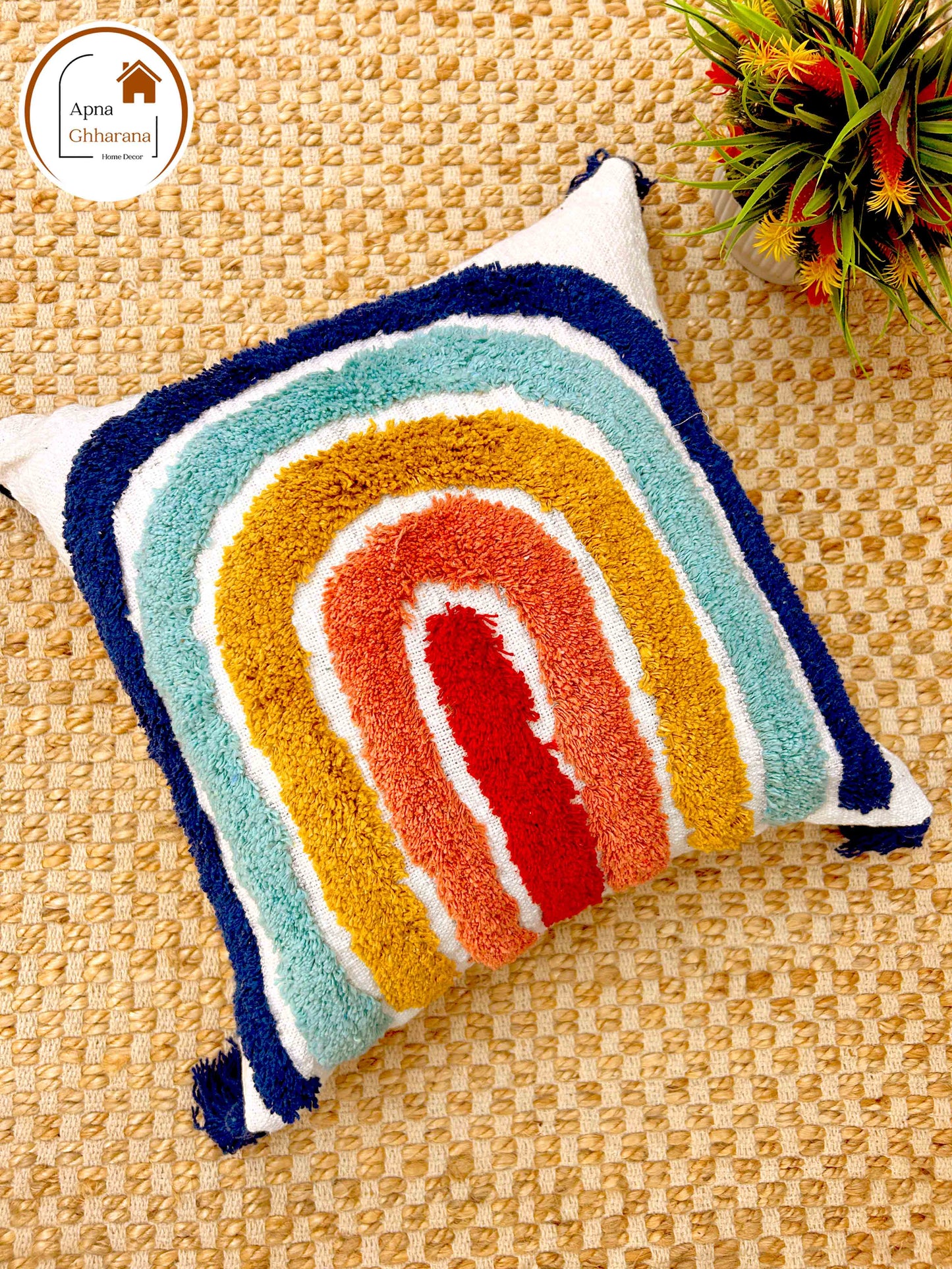Tufted Rainbow Cushion Cover | Multicolor Slub Cotton (16"x16")