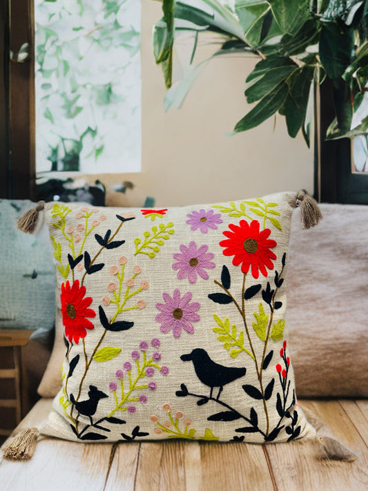 Floral Embroidered Cushion Cover | Slub Cotton, 24x24 Inches