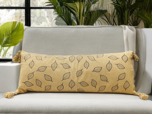 Embroidered Leaf Design Lumbar Cushion Cover | 14"x36" | Cotton