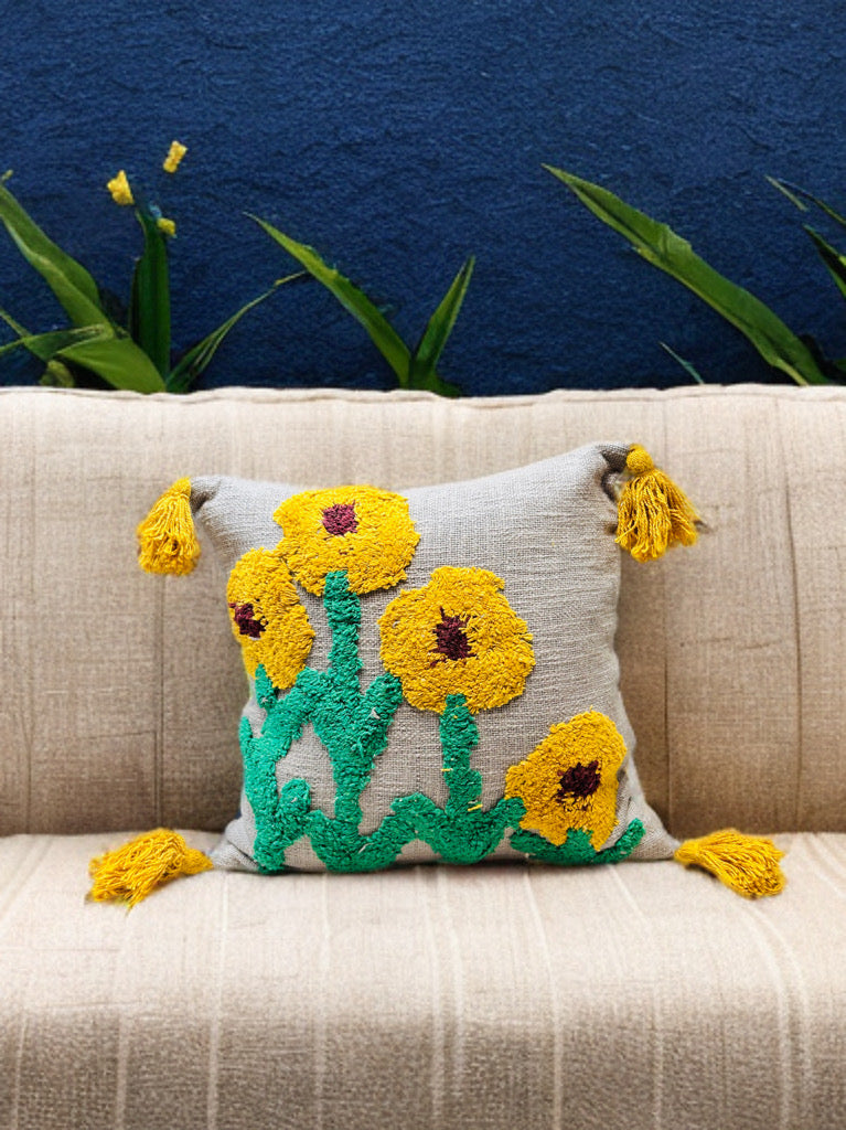 Sunflower Tufted Cushion Cover | Grey & Yellow, Slub Cotton, 16x16"