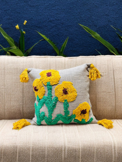 Sunflower Tufted Cushion Cover | Grey & Yellow, Slub Cotton, 16x16"