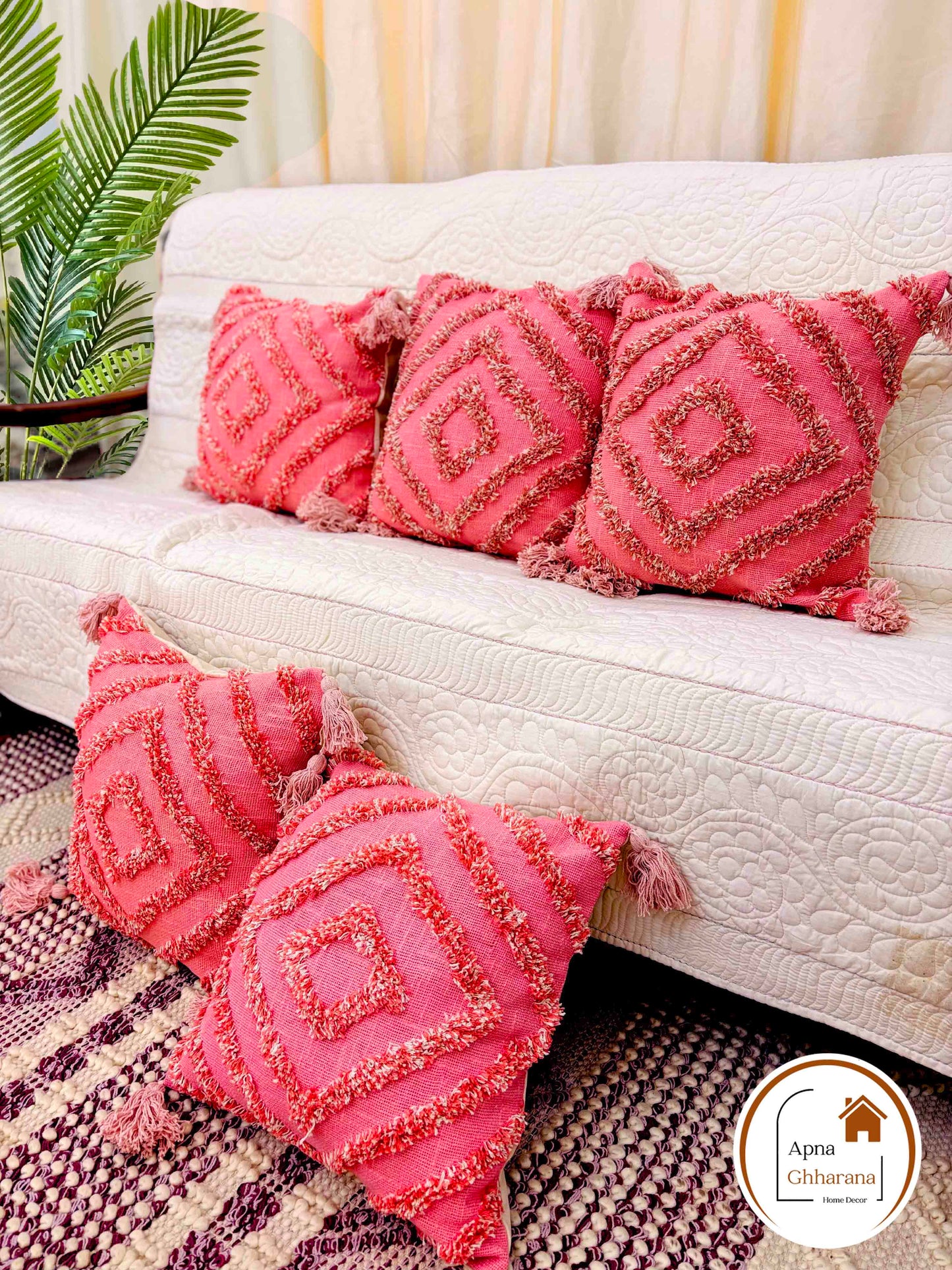 Pink Tufted Cushion Cover | 16x16" | Slub Cotton with Tassels