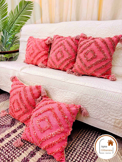 Pink Tufted Cushion Cover | 16x16" | Slub Cotton with Tassels