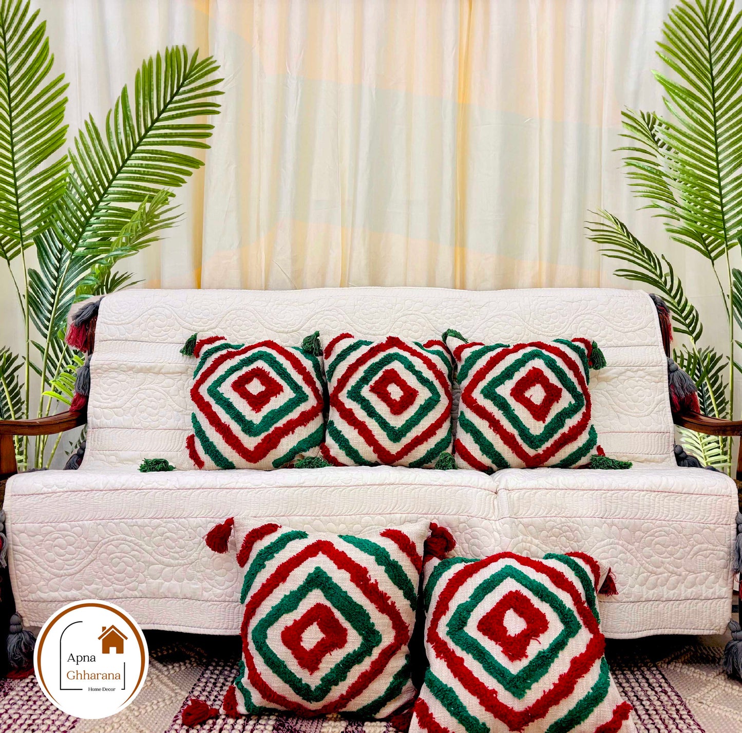 Multicolor Tufted Cushion Cover | 16x16" | Slub Cotton with Tassels