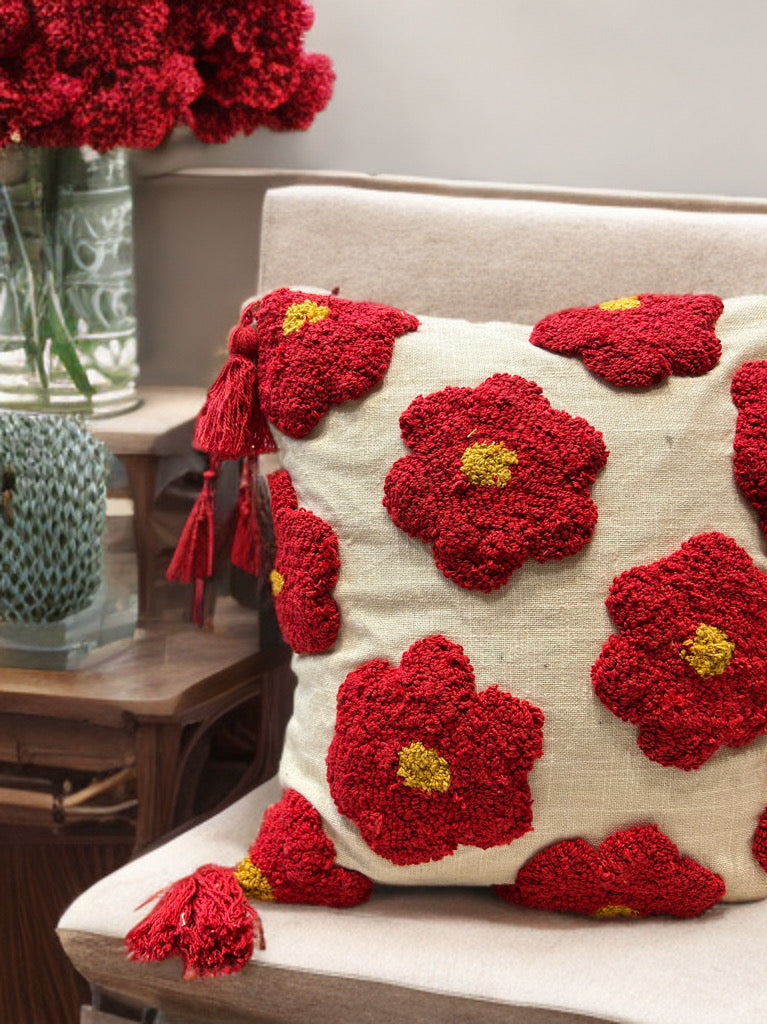 Knotted Embroidered Cushion Cover | Slub Cotton | 16"x16"