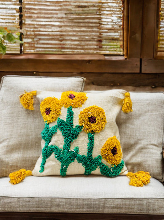 Sunflower Tufted Cushion Cover | White & Yellow, Slub Cotton, 16x16"