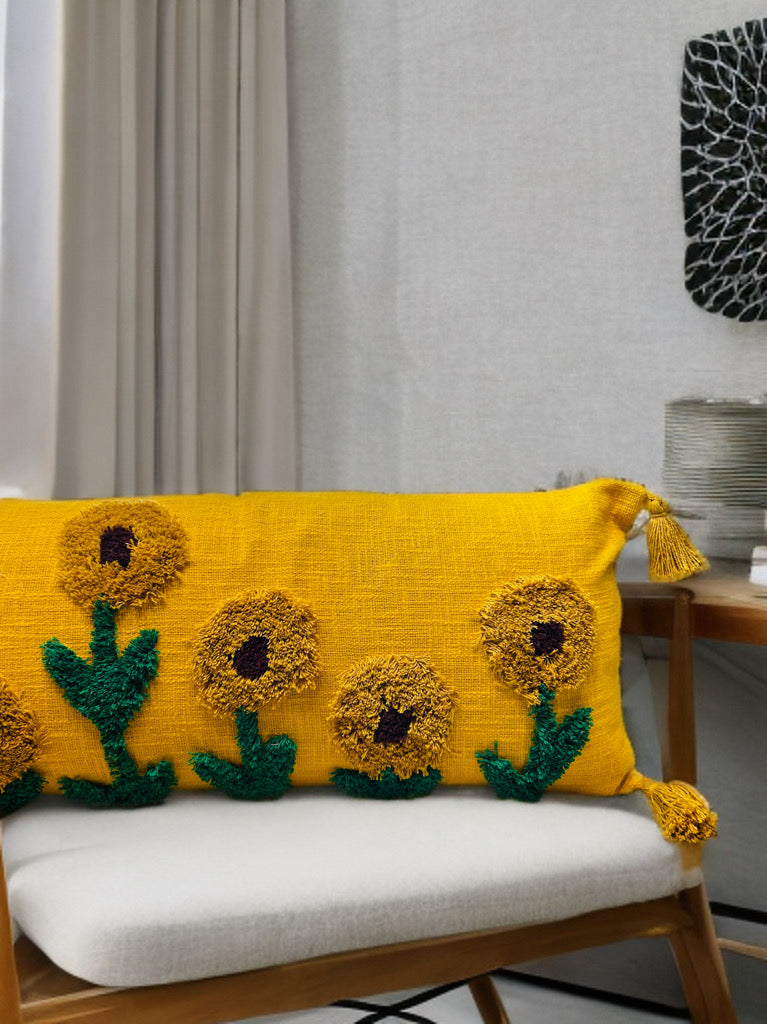 Yellow Base Sunflower Tufted Lumber | 14"x36"| Cotton