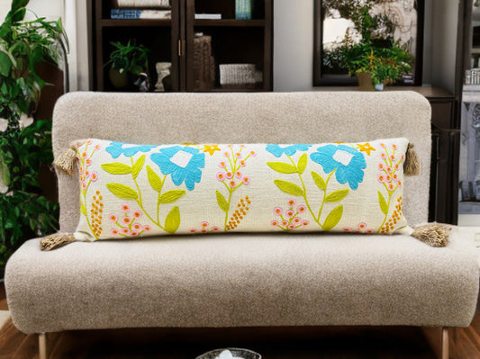Floral Embroidered Lumbar Cushion | 12"x36" | Cotton