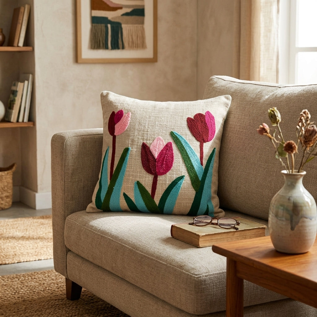Tulip Embroidered Cushion Cover | 16x16", Slub Cotton, Premium Design