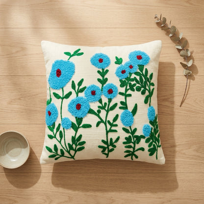Floral Embroidered Cushion Cover | Slub Cotton, 16x16 Inches