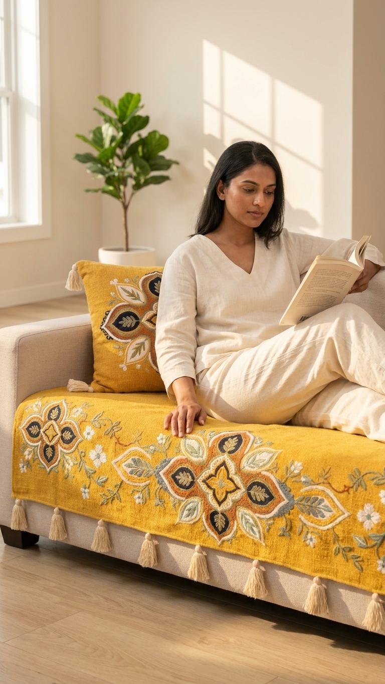 Elegant Yellow Base Runner with Embroidery