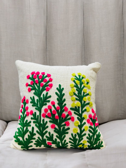 Multicolor Flower Embroidered Cushion Cover | Slub Cotton | 16x16
