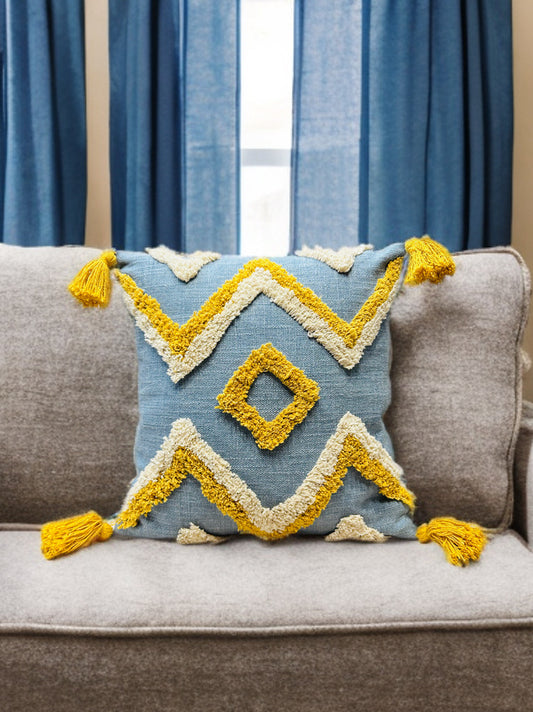 Blue and Yellow Tufted Cushion Cover | Slub Cotton, 16x16"