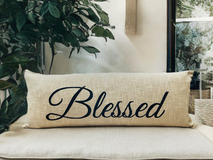 Embroidered Blessed Lumbar Cushion Cover | 14"x36" | Cotton| Black