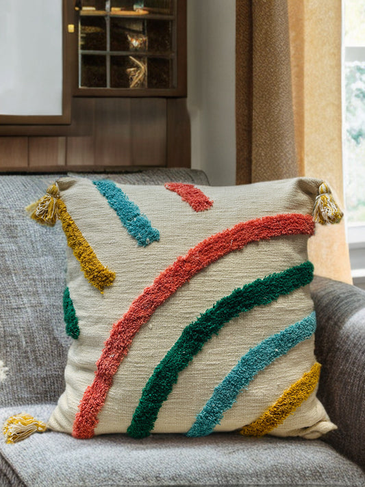 Tufted Rainbow Cushion Cover | Multicolor Slub Cotton (24"x24")