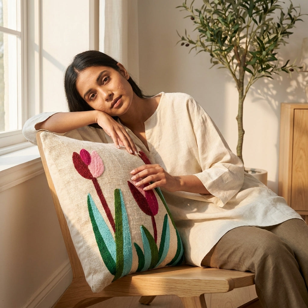 Tulip Embroidered Cushion Cover | 16x16", Slub Cotton, Premium Design