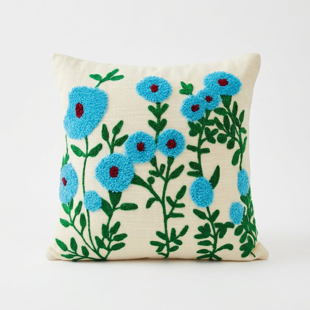 Floral Embroidered Cushion Cover | Slub Cotton, 16x16 Inches