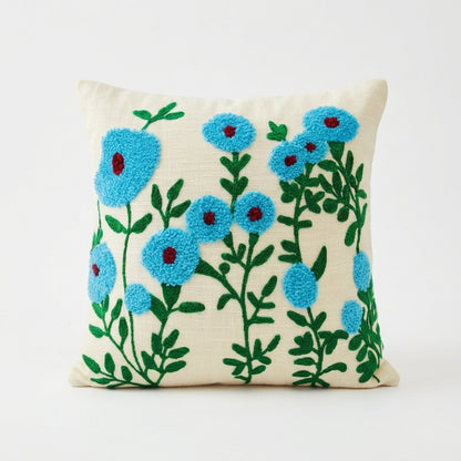 Floral Embroidered Cushion Cover | Slub Cotton, 16x16 Inches