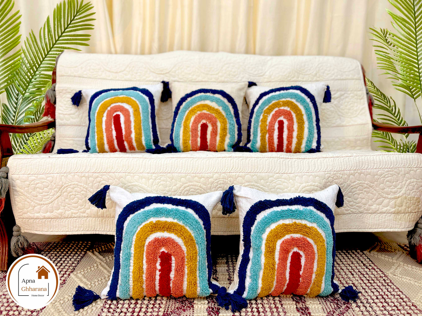 Tufted Rainbow Cushion Cover | Multicolor Slub Cotton (16"x16")