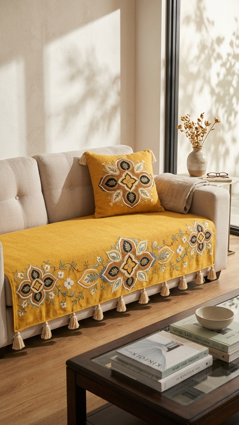Elegant Yellow Base Runner with Embroidery