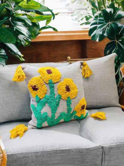 Sunflower Tufted Cushion Cover | Grey & Yellow, Slub Cotton, 16x16"