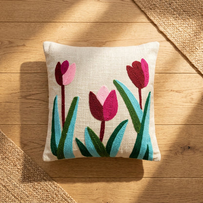 Tulip Embroidered Cushion Cover | 16x16", Slub Cotton, Premium Design