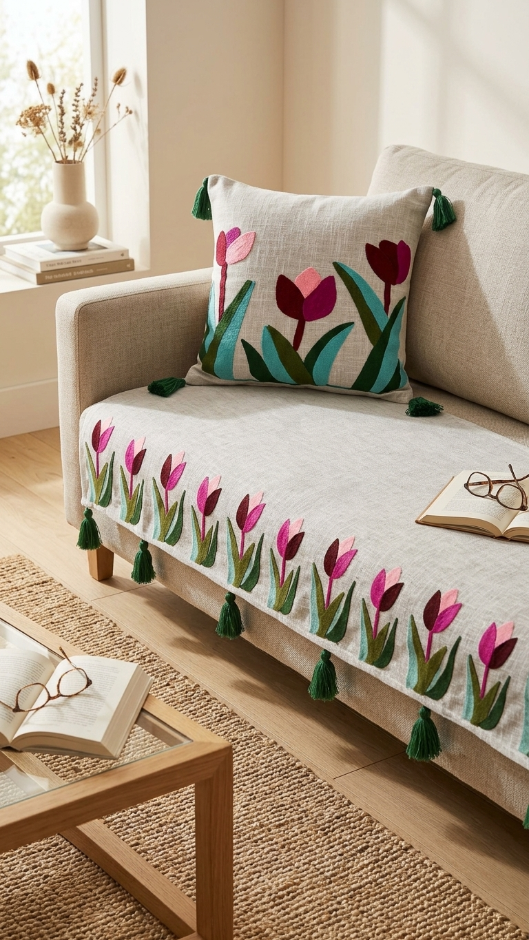 Embroidered Tulip Sofa Runner