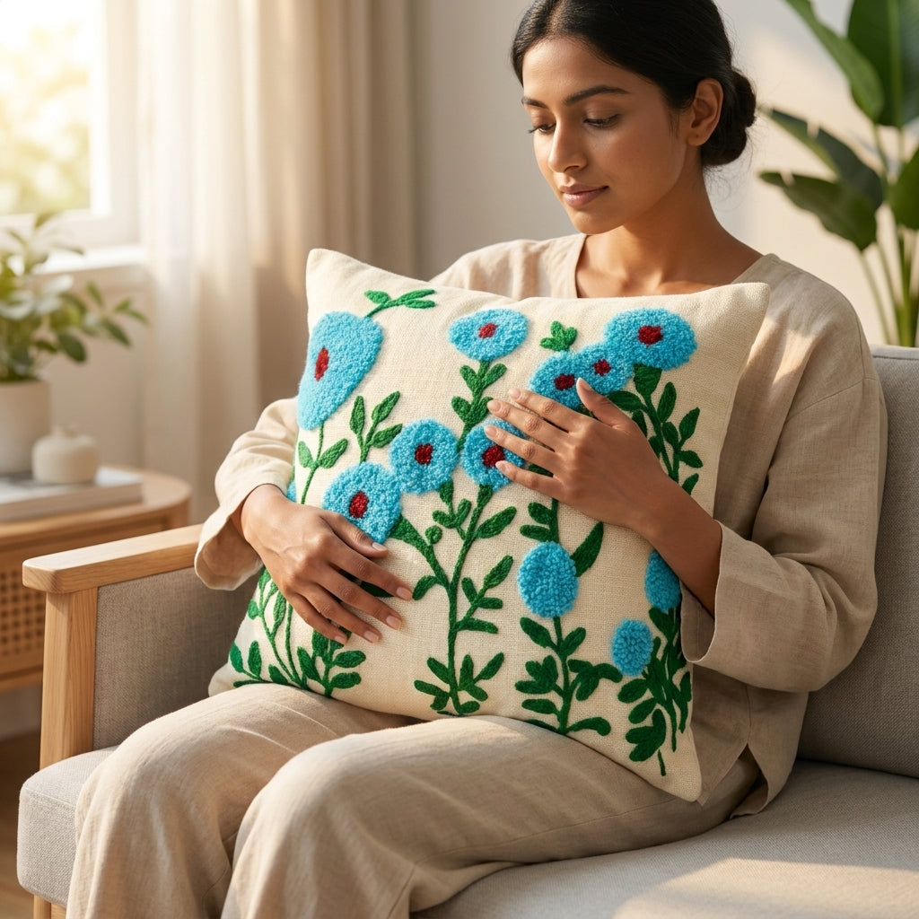 Floral Embroidered Cushion Cover | Slub Cotton, 16x16 Inches