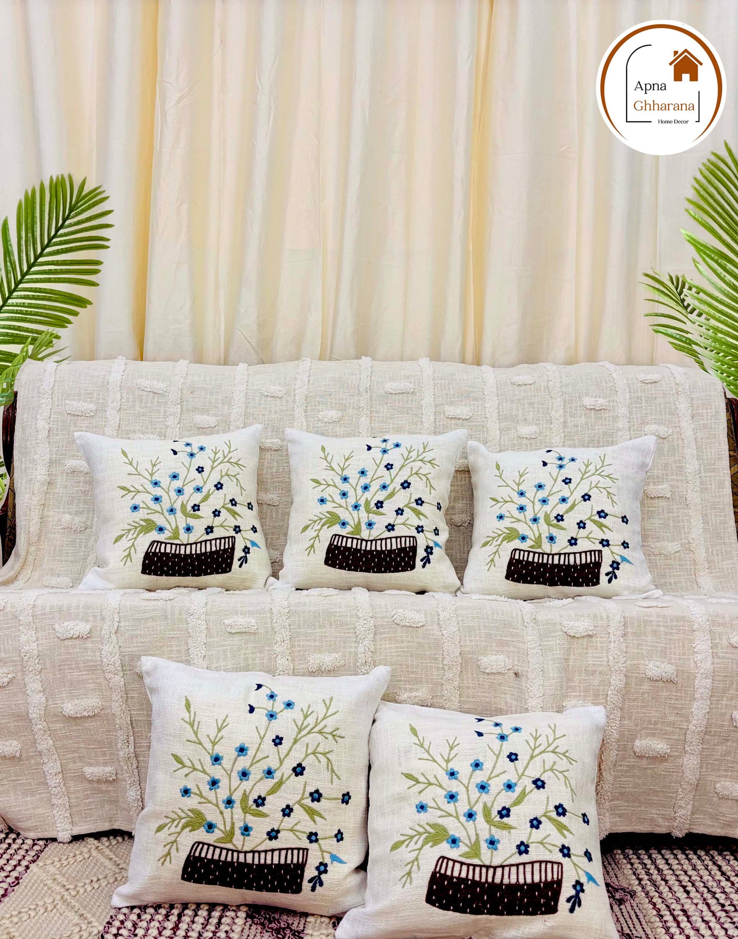 Elegant Blue Flower Embroidered Cushion Cover | 16x16" Cotton