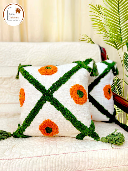 Orange Tufted Cushion Cover | 16"x16" | Slub Cotton with Tassel
