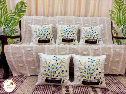 Elegant Blue Flower Embroidered Cushion Cover | 16x16" Cotton