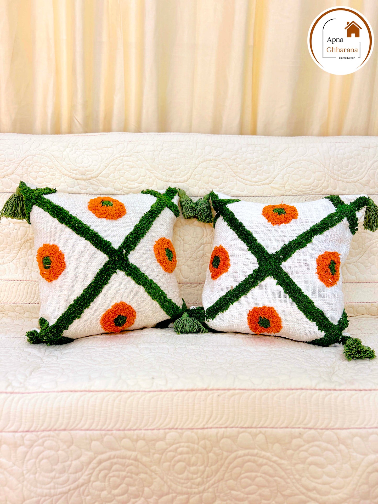 Orange Tufted Cushion Cover | 16"x16" | Slub Cotton with Tassel