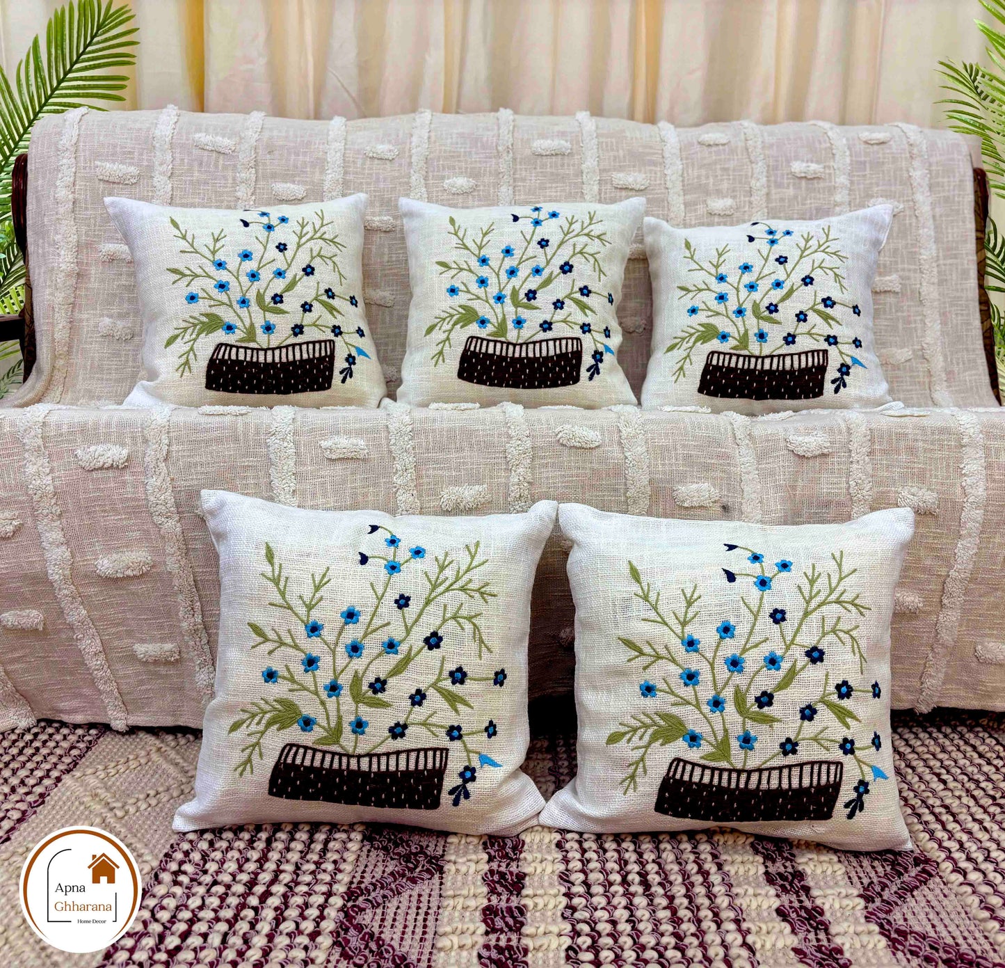 Elegant Blue Flower Embroidered Cushion Cover | 16x16" Cotton