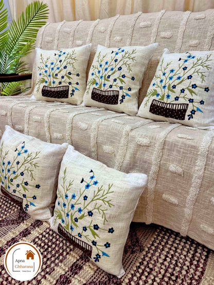 Elegant Blue Flower Embroidered Cushion Cover | 16x16" Cotton