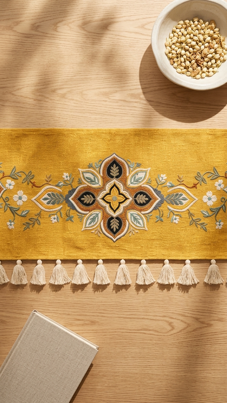 Elegant Yellow Base Runner with Embroidery
