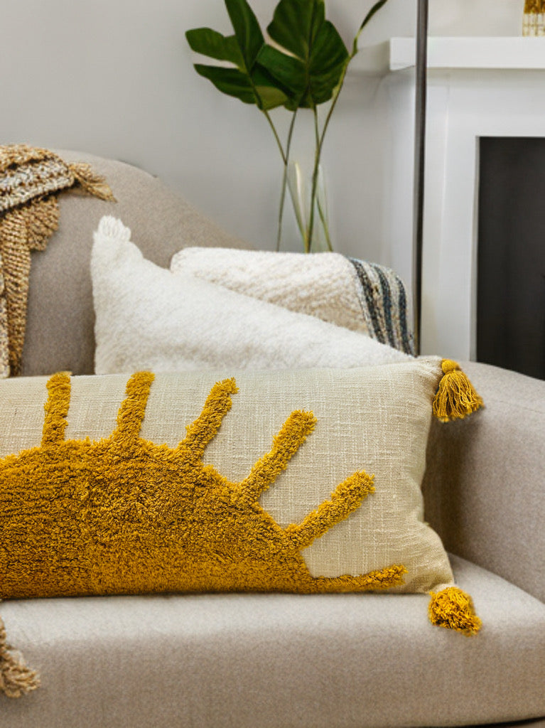 Rising Sun Pattern Tufted Lumbar | 14"x36"| Cotton